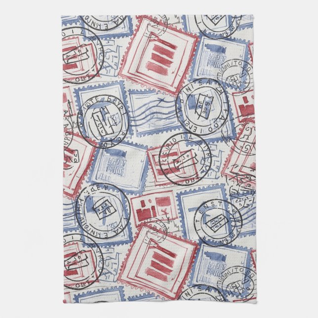 Vintage Postage Stamp Collage Pattern (2) Kitchen Towel (Vertical)