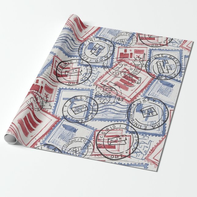 Vintage Postage Stamp Collage Pattern (2) Wrapping Paper (Unrolled)