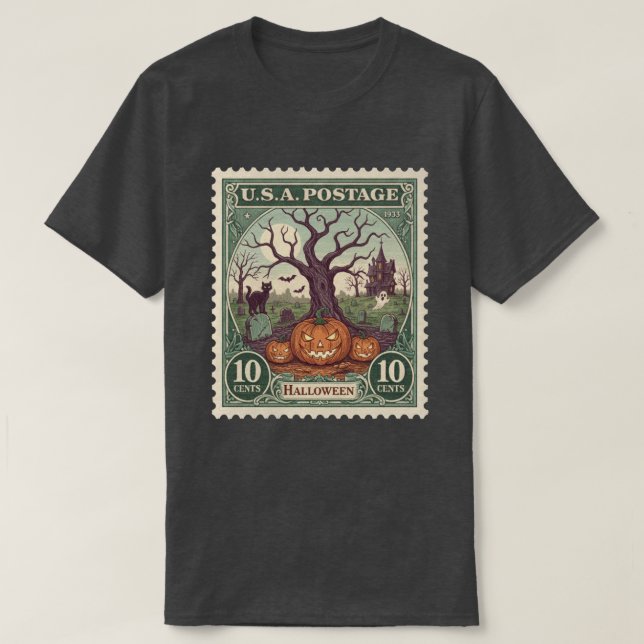 Vintage Postage Stamp Halloween T-Shirt (Design Front)