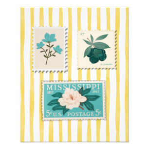 Vintage Postage Stamp Kitchen Print   Retro Blue 