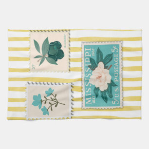 Vintage Postage Stamp Kitchen Print Retro Blue Towel
