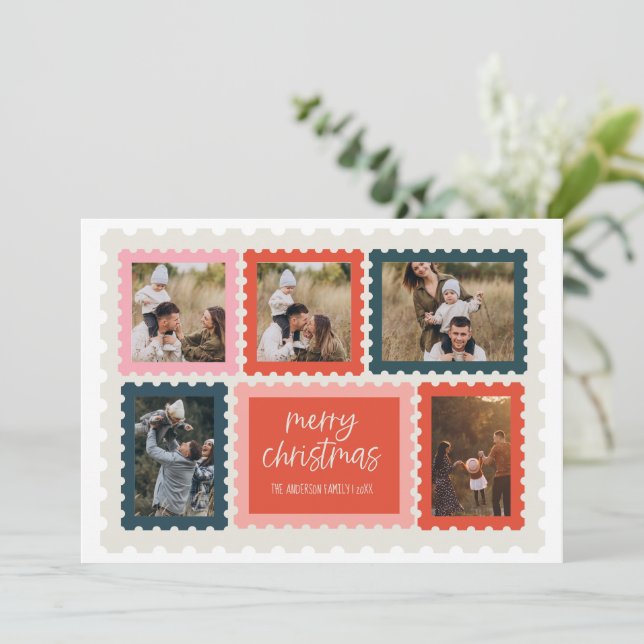 Vintage Postage Stamp Photo Collage Christmas Card (Standing Front)
