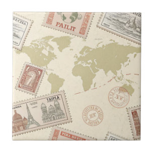 Vintage Postage Stamp World Map Travel (1) Ceramic Tile