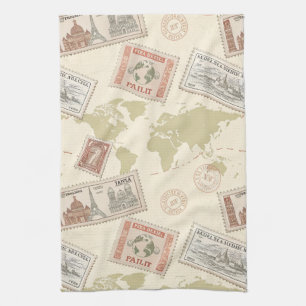 Vintage Postage Stamp World Map Travel (1) Kitchen Towel