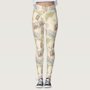 Vintage Postage Stamp World Map Travel (1) Leggings