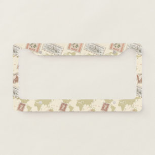 Vintage Postage Stamp World Map Travel (1) License Plate Frame