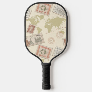 Vintage Postage Stamp World Map Travel (1) Pickleball Paddle