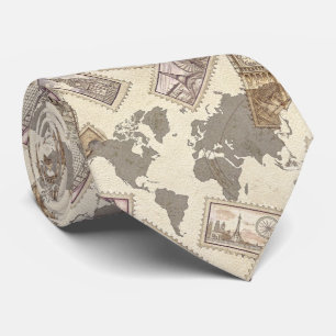 Vintage Postage Stamp World Map Travel (2) Neck Tie