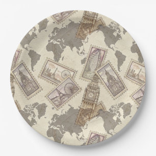 Vintage Postage Stamp World Map Travel (2) Paper Plates