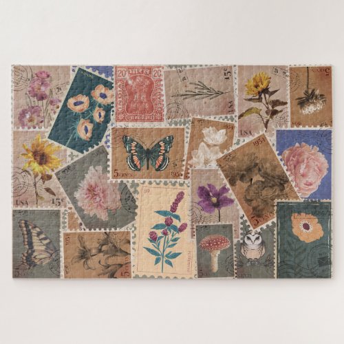 Vintage Postal Flowers and Nature Stamps Collage Jigsaw Puzzle