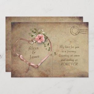 vintage  postcard and ribbon heart wedding