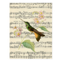 vintage postcard botanical hummingbird music