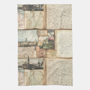 Vintage Postcard Collage with European Letters Kitchen Towel