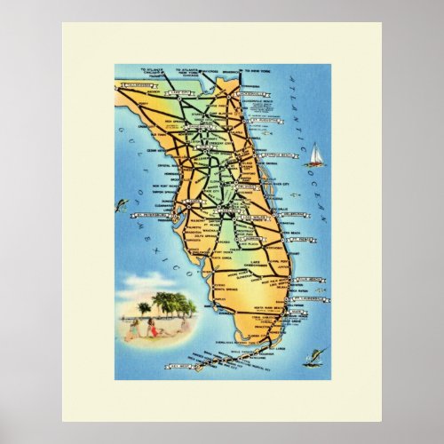 Vintage Postcard Florida Map Poster