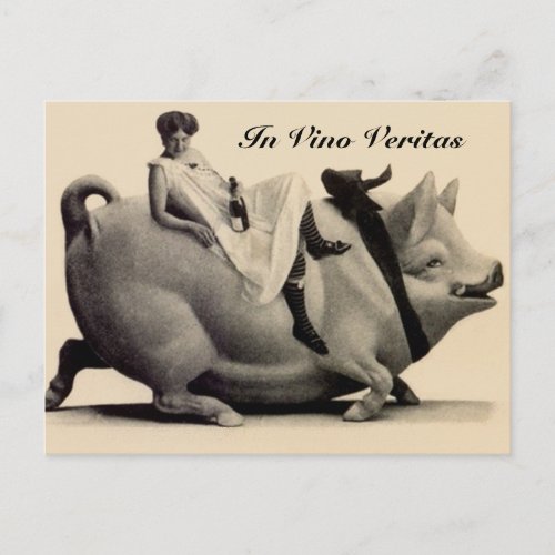 Vintage Postcard lady wine  pig In Vino Veritas
