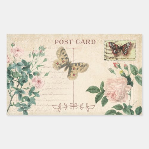 Vintage Postcard Pink Rose  Butterfly Scrapbook Rectangular Sticker