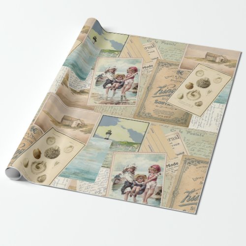 Vintage Postcard Seaside Beach Collage Wrapping Paper