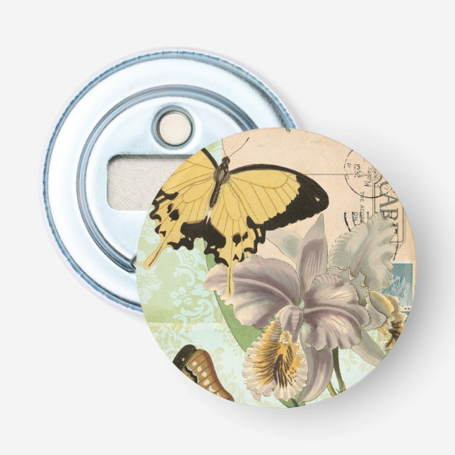 Vintage Postcard with Butterflies and Flowers Bottle Opener (Front)