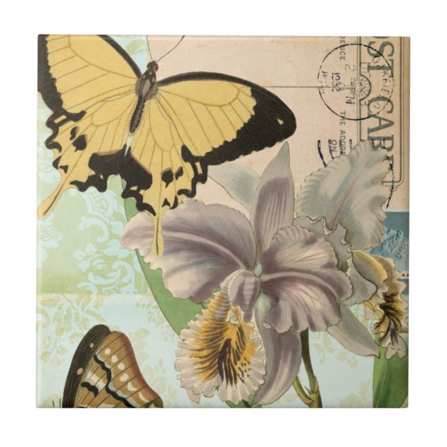 Vintage Postcard with Butterflies and Flowers Ceramic Tile (Front)