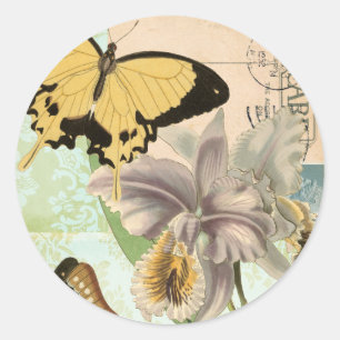 Vintage Postcard with Butterflies and Flowers Classic Round Sticker
