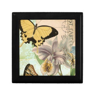 Vintage Postcard with Butterflies and Flowers Gift Box