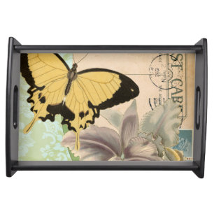 Vintage Postcard with Butterflies and Flowers Serving Tray