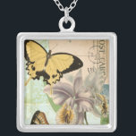 Vintage Postcard with Butterflies and Flowers Silver Plated Necklace<br><div class="desc">This print of a vintage postcard with lavender flowers and colorful butterflies was created by Vision Studio. A great piece that would amazing on any wall. Order yours today!</div>