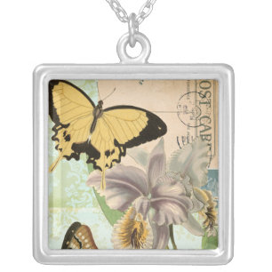 Vintage Postcard with Butterflies and Flowers Silver Plated Necklace