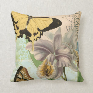 Vintage Postcard with Butterflies and Flowers Throw Pillow