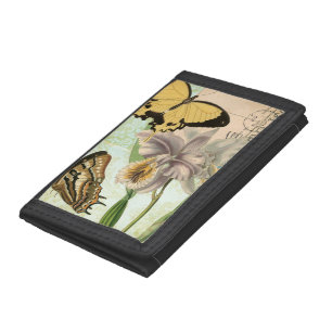 Vintage Postcard with Butterflies and Flowers Trifold Wallet