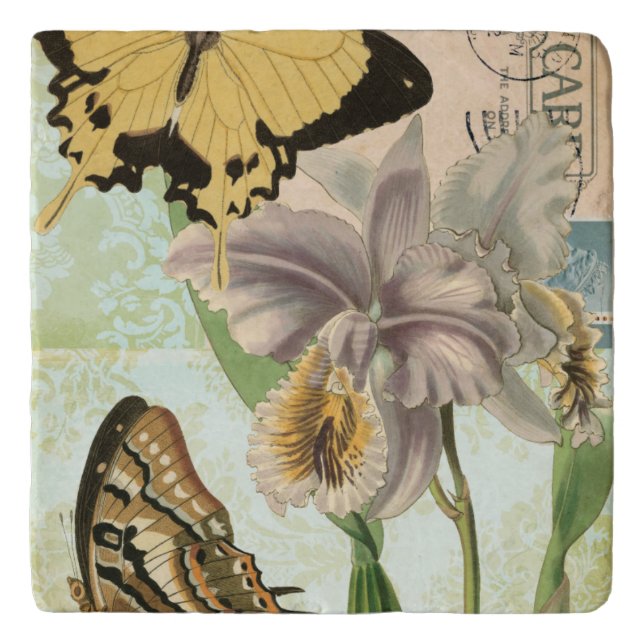Vintage Postcard with Butterflies and Flowers Trivet (Front)