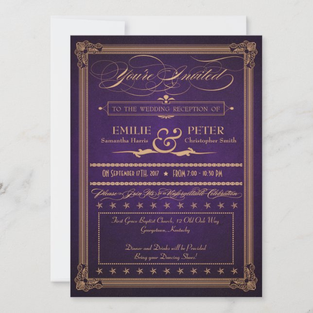 Vintage Poster Aubergine Purple Reception Only Invitation (Front)