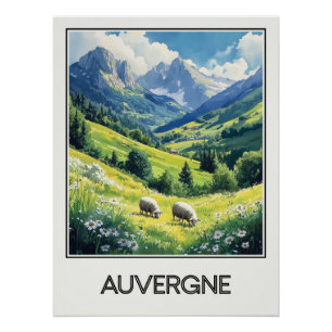 Vintage poster Auvergne, green valley and som