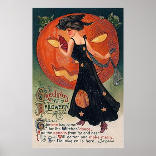 Vintage Poster Halloween Witch  Pumpkin