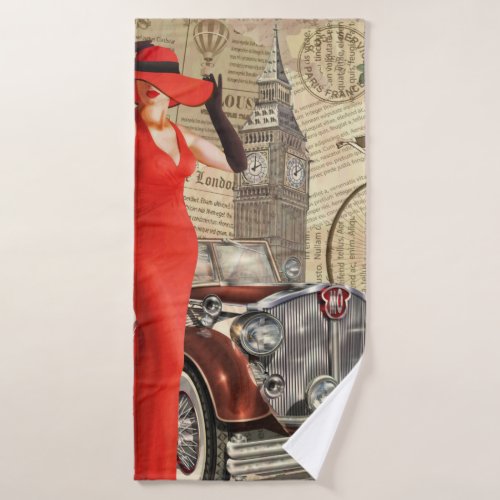 Vintage poster London torn newspaper background Bath Towel