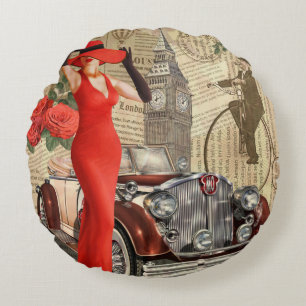 Vintage poster London torn newspaper background. Round Pillow
