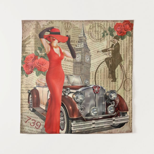 Vintage poster London torn newspaper background. Tapestry (Front)