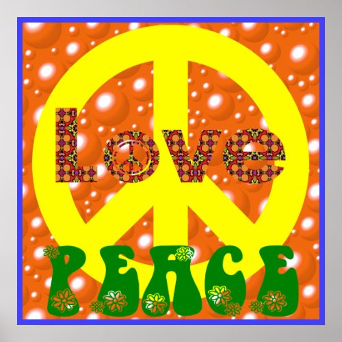 Vintage Poster Love Peace Hippie Peace Sign 60s 70