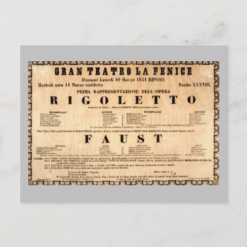 Vintage Poster of Rigoletto opera premiere 1851 Postcard