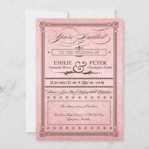 Vintage Poster Pink & Brown Wedding & Reception Invitation