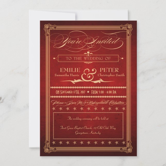 Vintage Poster Plush Red Wedding & Reception Invitation (Front)