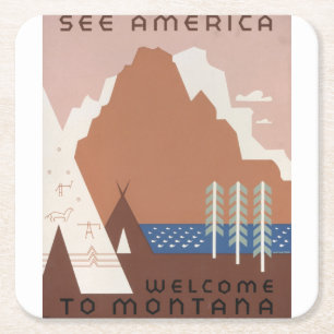 Vintage Poster Promoting Travel To Montana. 2 Square Paper Coaster