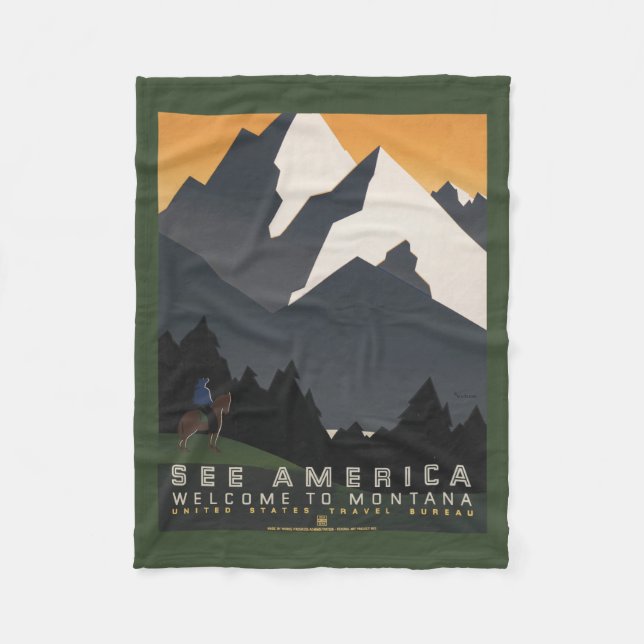 Vintage Poster Promoting Travel To Montana. Fleece Blanket (Front)