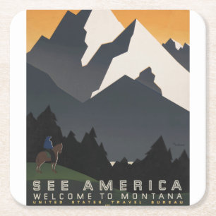 Vintage Poster Promoting Travel To Montana. Square Paper Coaster