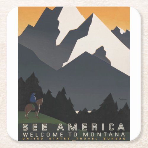 Vintage Poster Promoting Travel To Montana Square Paper Coaster