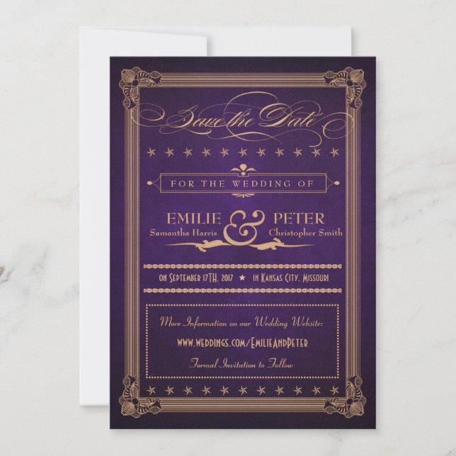 Vintage Poster Purple & Gold Save the Date (Front)