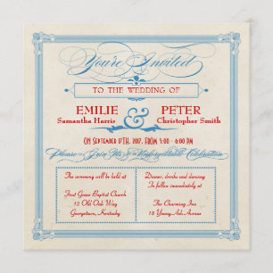 Vintage Poster Red, White & Blue Square Wedding Invitation