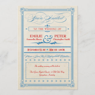 Vintage Poster Red, White & Blue Wedding Invitation