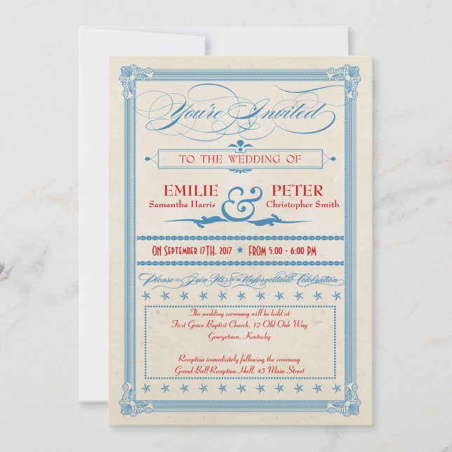 Vintage Poster Red, White & Blue Wedding, RSVP Invitation (Front)