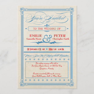 Vintage Poster Red, White & Blue Wedding, RSVP Invitation